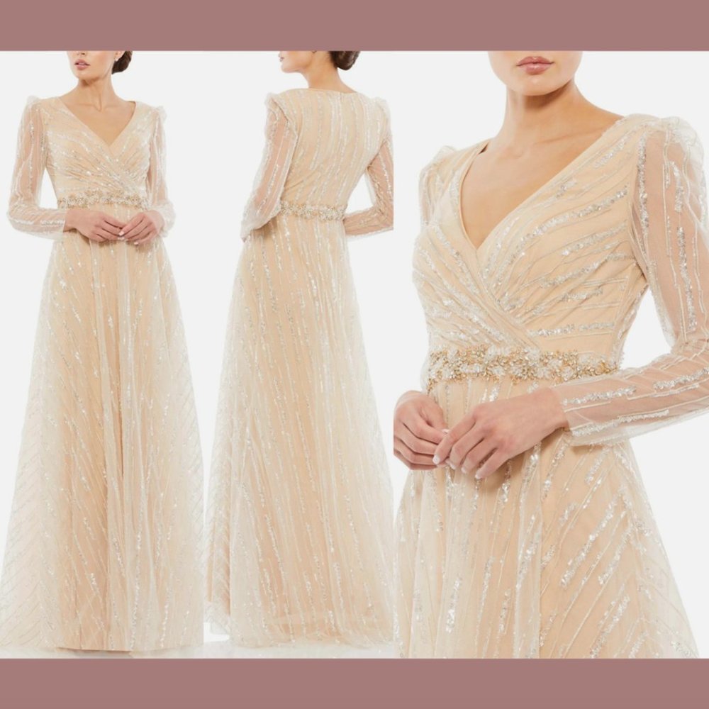 NEW‎ $698 Mac Duggal [ 10 ] Long Sleeve Gown Champagne With Silver Sequins #Q570